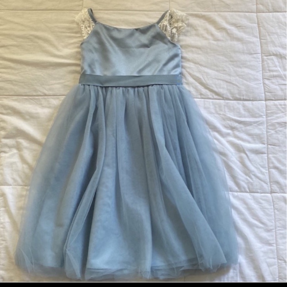 Crochet cap sleeve ruffle flower girl dress. Belt accessory not included!